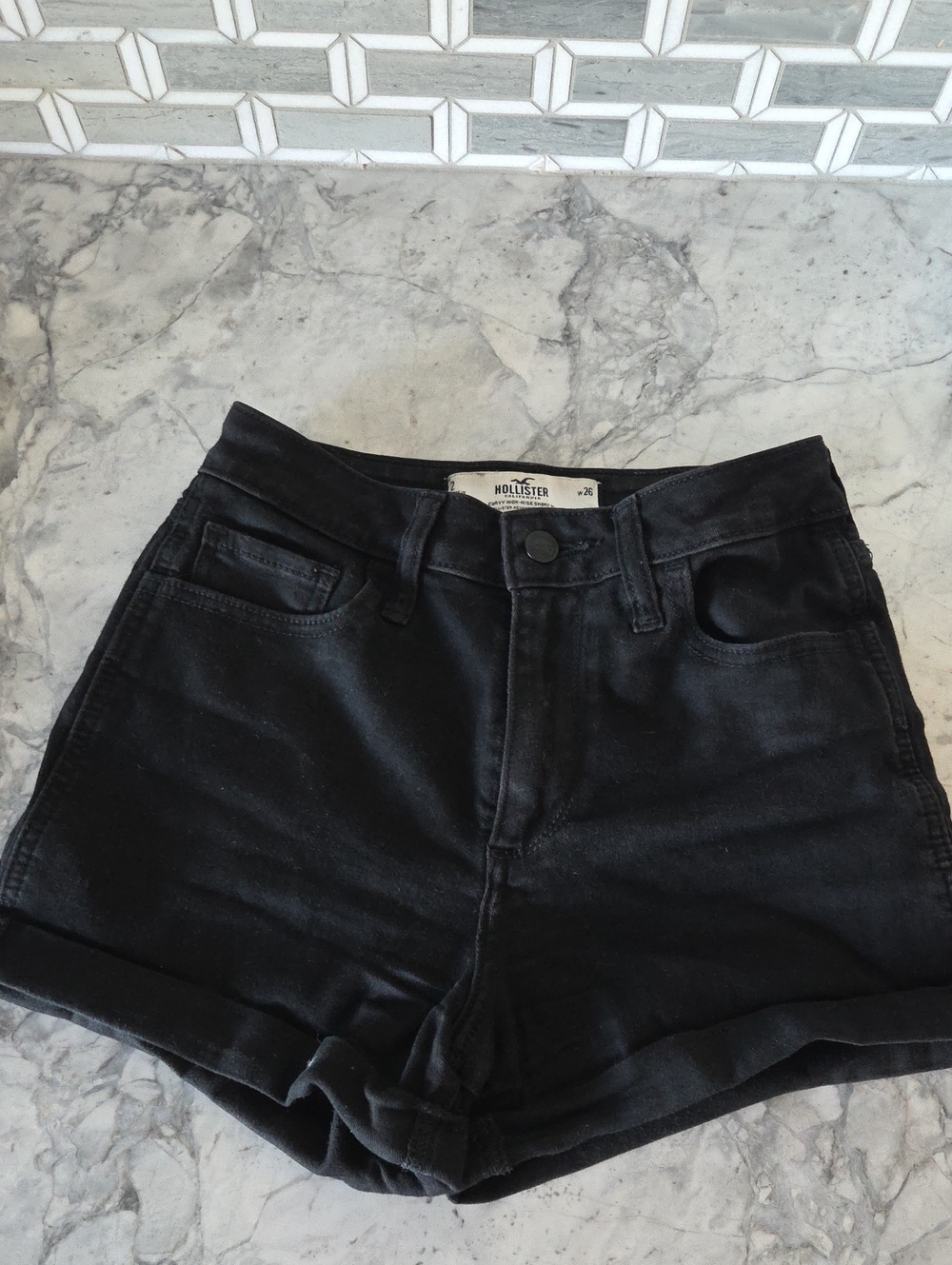 Hollister Women's High-Waist Black Cuffed Denim Shorts